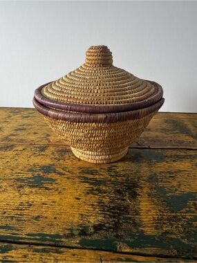 Handwoven Natural and Purple Lidded Basket - Home Accents